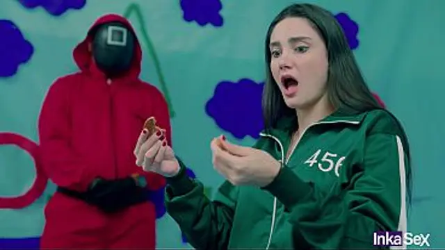 SQUID GAME - Brazilian Victoria Carmargo breaks the cookie in the squid game and gets her meaty pink pussy fucked&period;