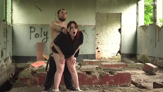 Bull cums in cuckold wife on an abandoned building