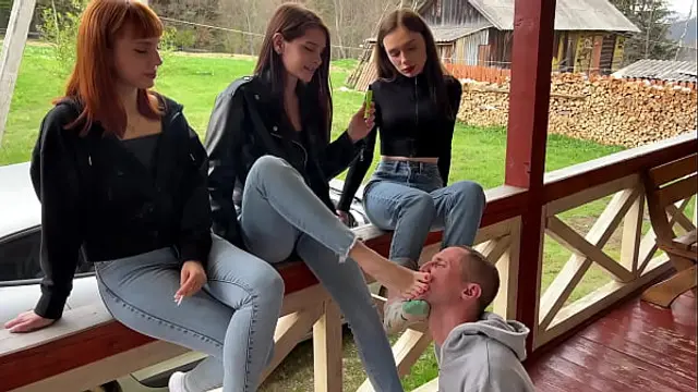 Group Foot Domination And Socks Worship Femdom Outdoor With Sofi&comma; Kira and Dina