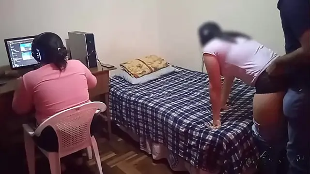 my cuckold wife won't let me play my video games&colon; the cuckold takes us out of the computer and I fuck my neighbor while she can't see us&comma; we almost get caught