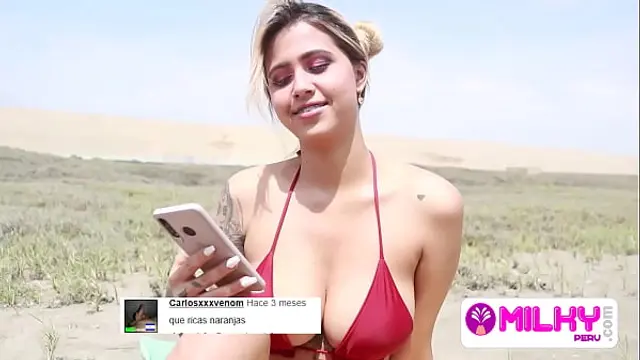 Huge tits on the beach&comma; she is horny and wants my cock&period;