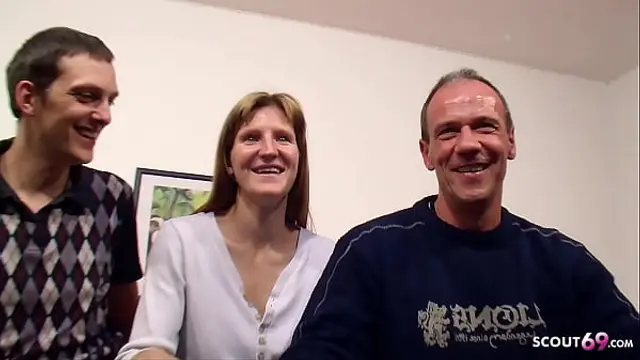 Stupid German Cuckold let his Anorexic slim wife Fuck old Stranger in Threesome