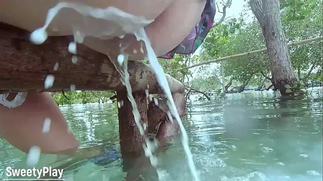 Strong anal milk enema pushing out outdoors
