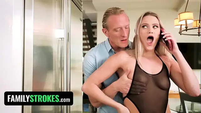 Naughty StepDaughter Starts Licking Her Stepdad&rsquo;s Cock While Talking To Her Boyfriend On The Phone