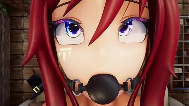 Hentai Vtuber Elfie Love squirts w  dildo in black latex suit and ball gag &lpar;3D   VRCHAT   MMD&rpar;