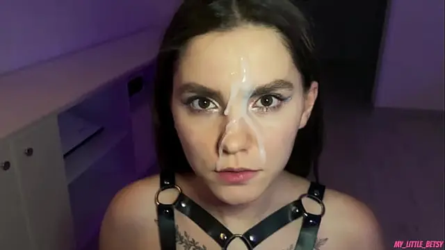 Hot Brunette In Harness Sucks And Jumps On My Dick - Just Look At Her Pretty Cum Face On 12&colon;10&excl;