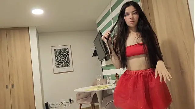 Beautiful woman in a red skirt and without underwear&comma; wants to be fucked as a Christmas gift