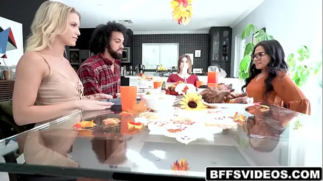 Best buddies Evelyn Payne&comma; Alex Kane&comma; and Summer Col with hot stud James Angel celebrate Friendsgiving by playing a naughty game until they get horny&period;