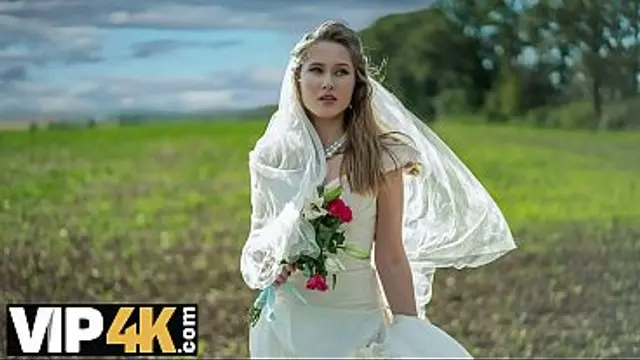 BRIDE4K&period; Threesome with sexy teen bride with natural tits in the car