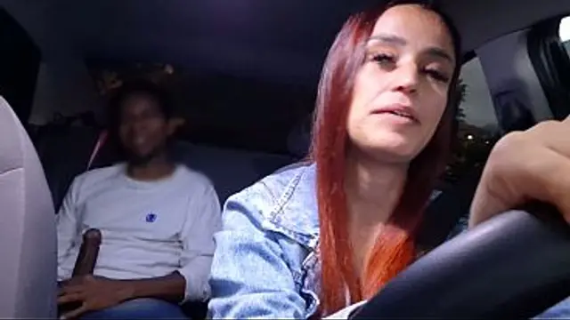 Naughty ride-share driver catches well-endowed passenger masturbating from behind&excl;