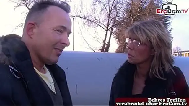 Mature&comma; thin German housewife persuaded to have sex on the street