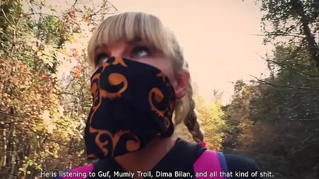 Outdoor blowjob&period; Stalker Karina sucked a dick to a guard at an abandoned camp