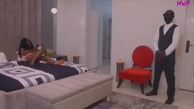 Big boobs Nigerian house wife couldn't resist her sexual urge so she fucks her wet pussy with her big dildo while her personal bodyguard tries so hard not to look&comma; but at the end she succeed in making him fuck her with his huge black cock PART 1
