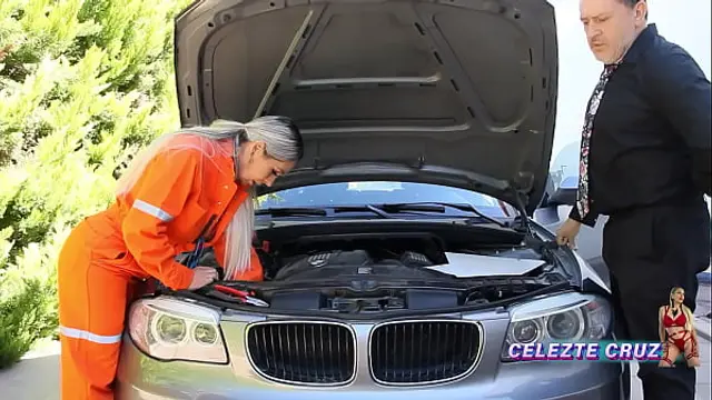 The guy I went to fix the car&comma; he was crazy and when he discovers my broken overalls he gets hot and fucks me on top of the car