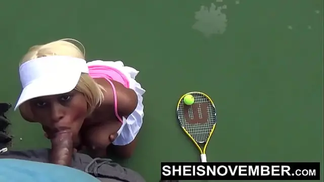 HD Little Petite Whore Talked Into Public POV Blowjob Fellatio And Cum Eating Cumshot Facial After Losing A Tennis Game Against Girthy Hung Big Dick BBC Man&comma; Cute Young Busty Ebony Babe Sheisnovember Flashing Big Boobs Outside By Msnovember