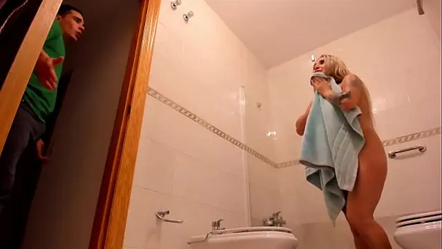 Spying on my blonde stepmom in the shower&comma; she catches me fucking her and cumming on her face