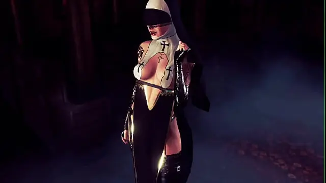 Horny gothic nun milf in revealing outfit dances seductively in church