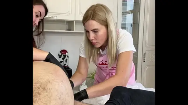 During a shaving lesson&comma; a client Cumshot on my student