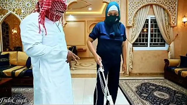 Muslim Hijab Indonesian Housemaid asked to suck boss Dick and swallows cum