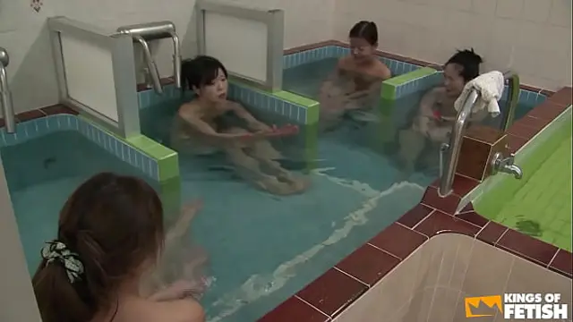 Japanese babes take a shower and get fingered by a pervert guy