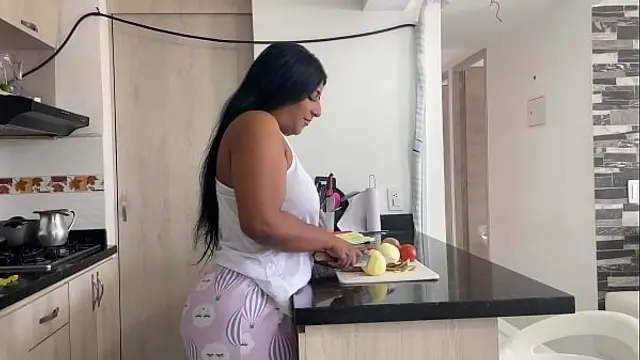 Stepmom tries to make breakfast and ends up eating her stepson's cock